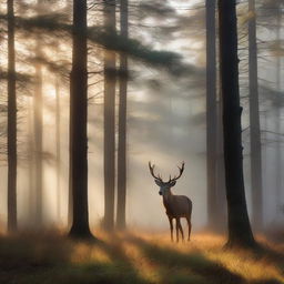 A serene, misty forest in the early morning. Sunlight is just breaking through, casting long, dappled shadows. Pine trees loom tall and majestic, their branches heavy with dew. A deer grazes peacefully in a clearing, undergrowth sparkling with droplets of dew.