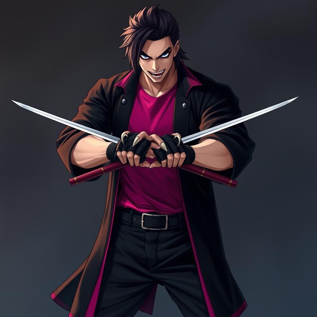 A male character inspired by Mileena, dressed in a stylish black kimono cardigan over a magenta t-shirt