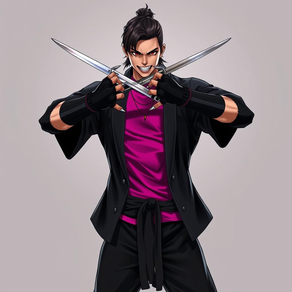 A male character inspired by Mortal Kombat's Mileena, depicted in a striking black kimono cardigan layered over a vibrant magenta t-shirt