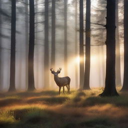 A serene, misty forest in the early morning. Sunlight is just breaking through, casting long, dappled shadows. Pine trees loom tall and majestic, their branches heavy with dew. A deer grazes peacefully in a clearing, undergrowth sparkling with droplets of dew.