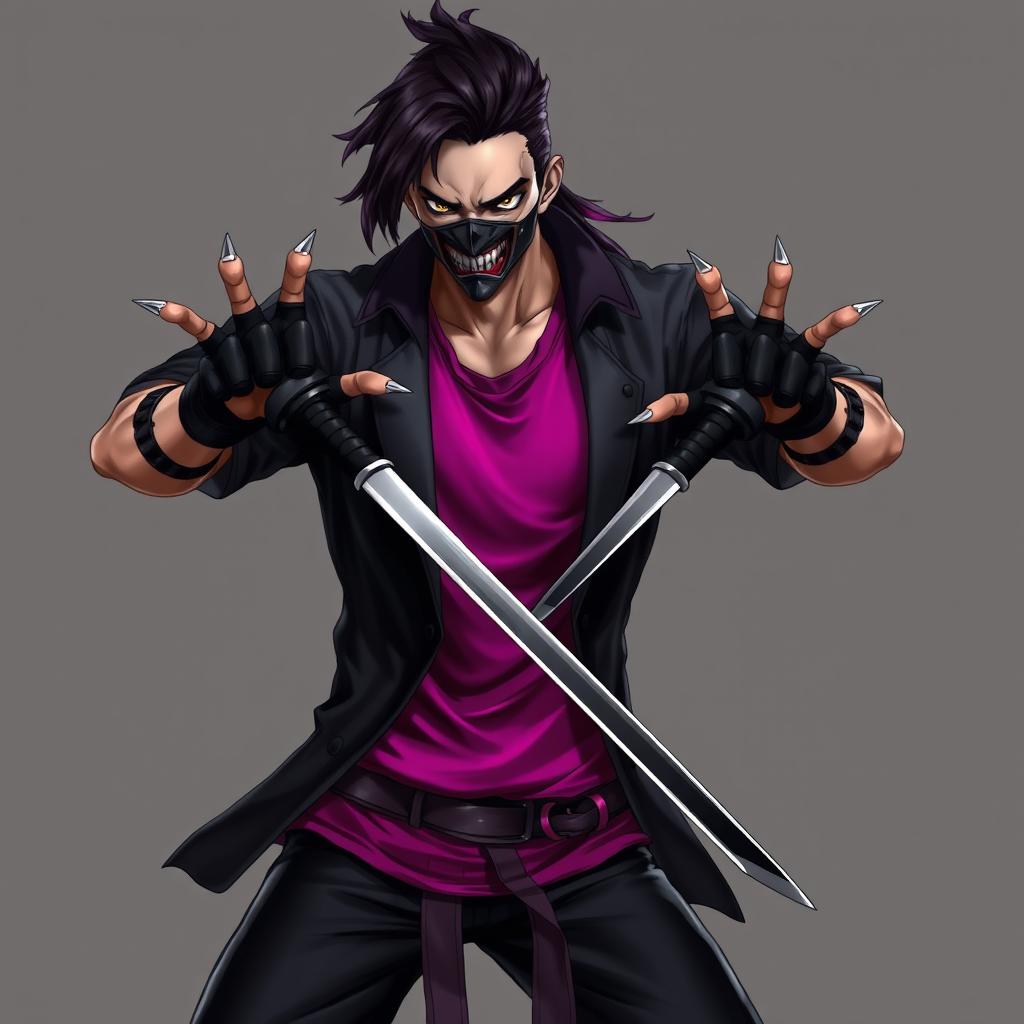A male character inspired by Mortal Kombat's Mileena, exuding a fierce and intimidating presence