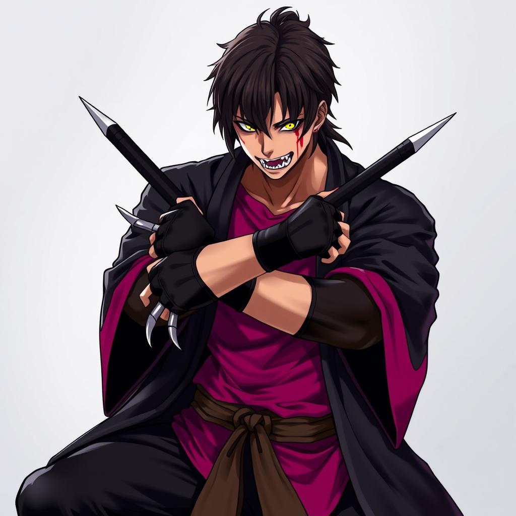 A male character inspired by Mortal Kombat's Mileena, dressed in a black kimono cardigan over a magenta t-shirt