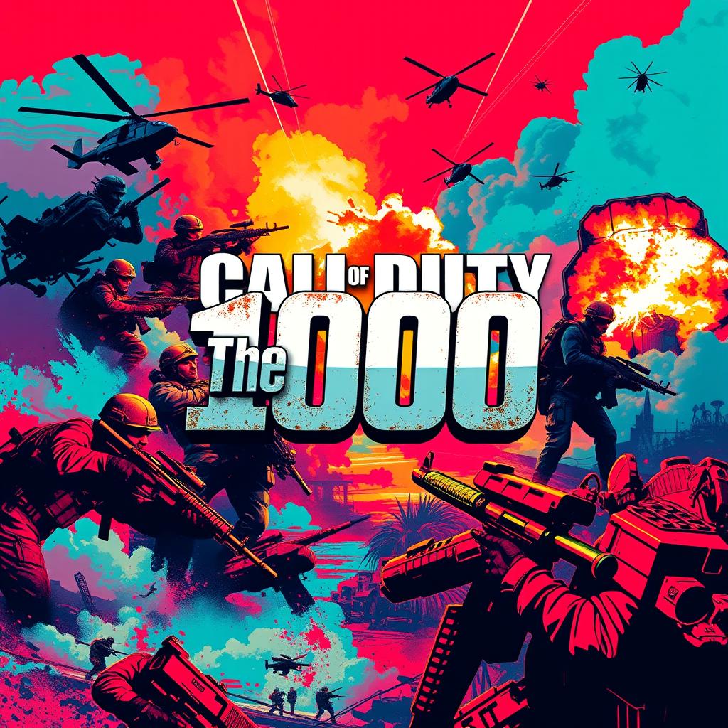 A vibrant and dynamic Call of Duty-inspired image featuring action-packed scenes with soldiers engaged in combat, helicopters flying overhead, and explosions in the background