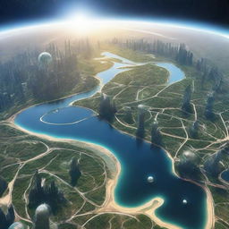 Earth as seen from space in the year 2060, teeming with advanced technologies like floating cities, hyperloops, and clean energy farms.