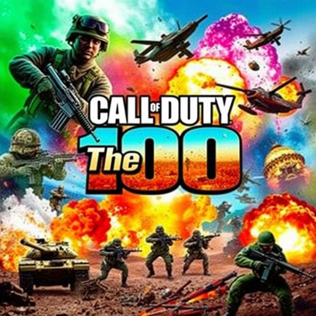 A colorful and action-packed Call of Duty-themed image showcasing intense combat scenes with soldiers in various postures of warfare, tanks and helicopters in the background, and vibrant explosions