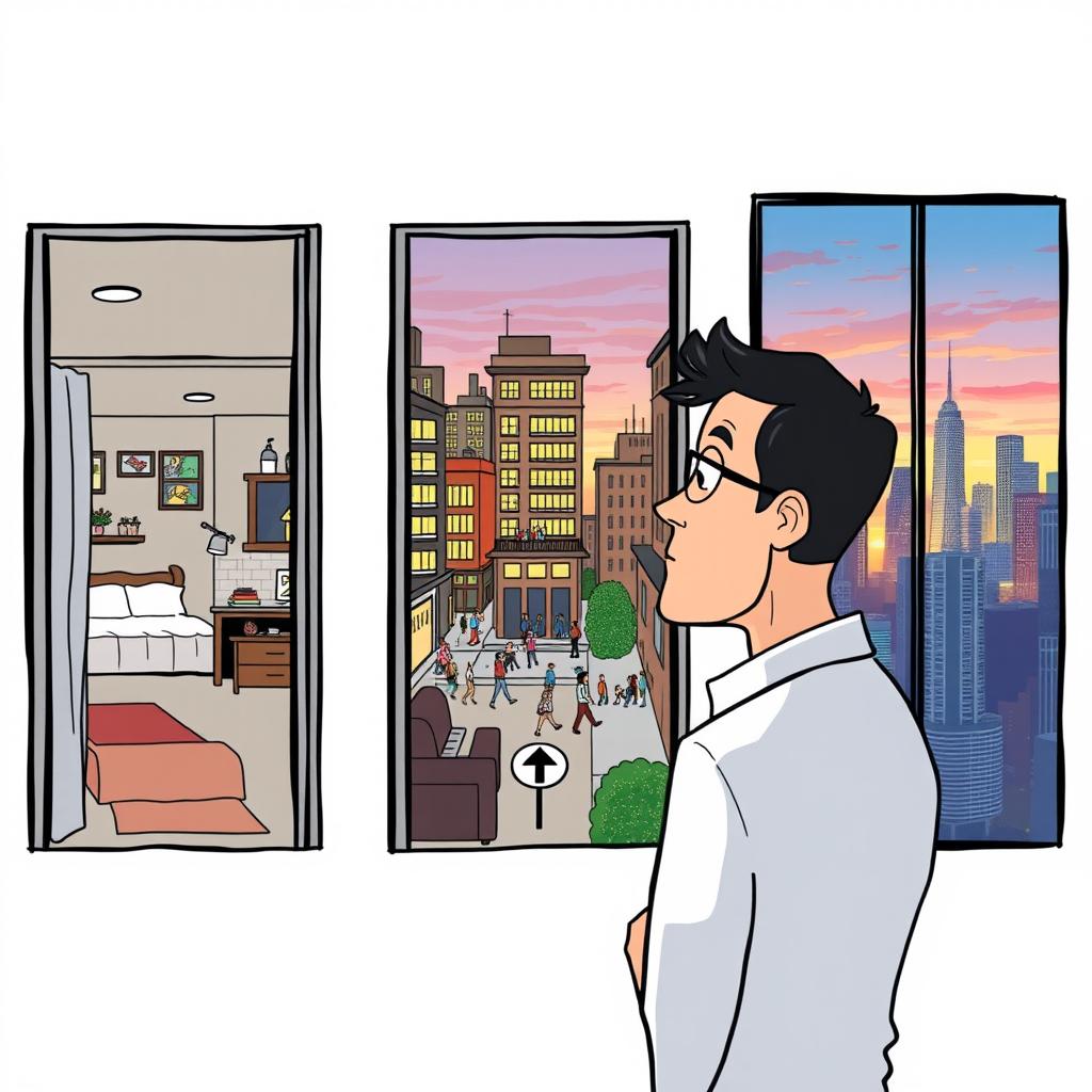 A scene depicting a man looking at three different apartments