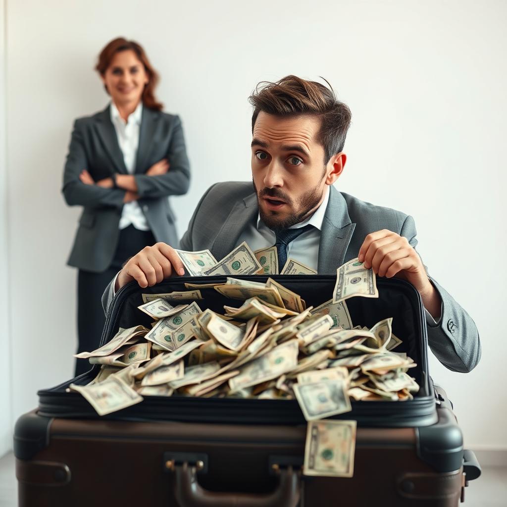 A confident man opening a suitcase with a surprised expression, revealing a chaotic mix of old, crumpled, and even expired bills