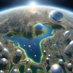 Earth as seen from space in the year 2060, teeming with advanced technologies like floating cities, hyperloops, and clean energy farms.