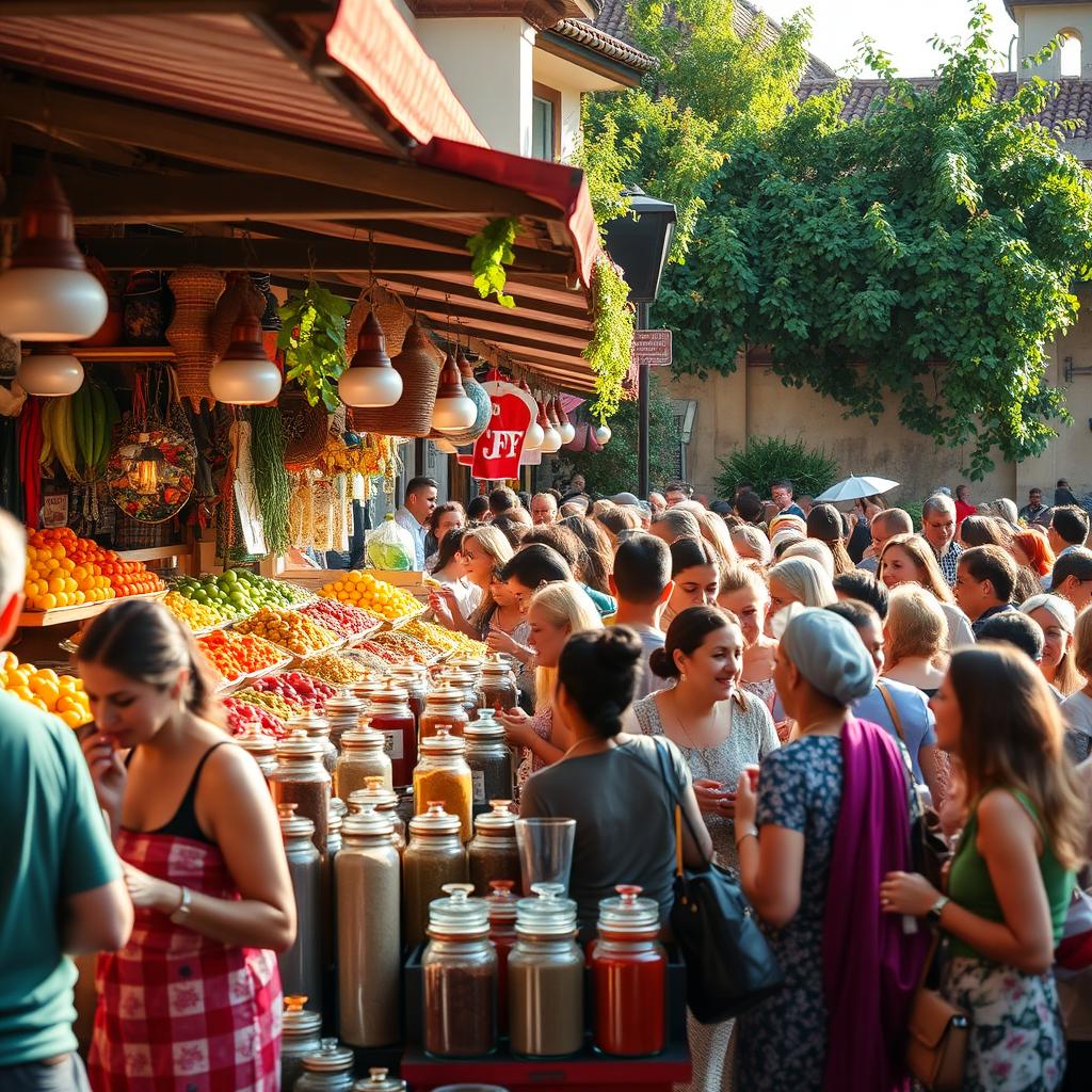 A vibrant marketplace brimming with activity, featuring colorful stalls filled with fresh fruits, vegetables, and local crafts