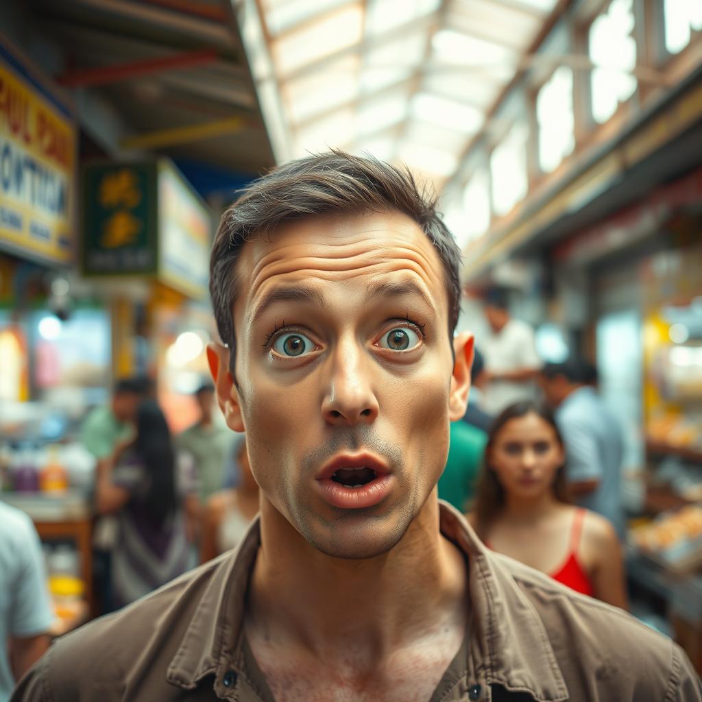 A surprised man expressing disbelief, his eyes wide and mouth slightly open in astonishment