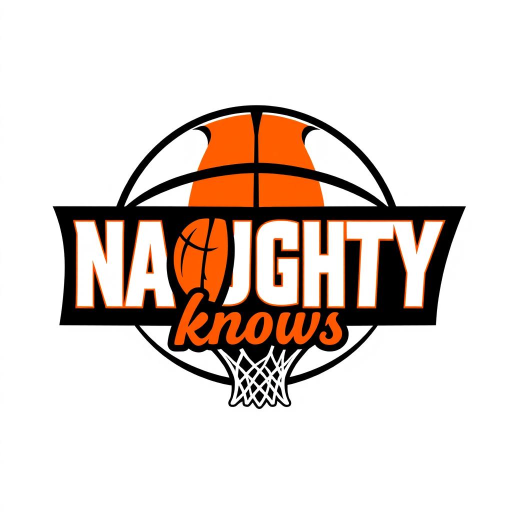 A dynamic basketball logo featuring the phrase 'NAUGHTY knows' in a bold, sporty font that resembles team insignias
