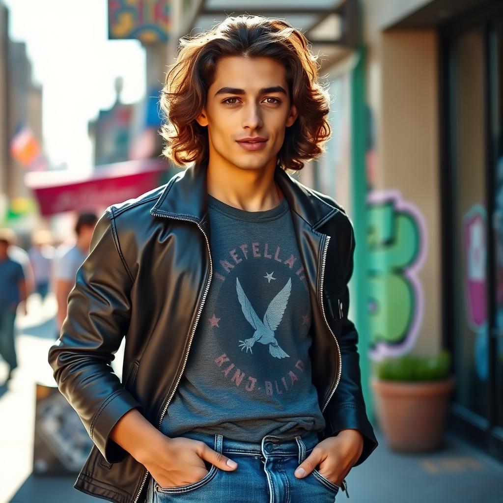 A stylish young man with deep brown, wavy hair, casually styled, showcasing warm, olive-toned skin and expressive dark brown eyes