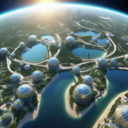 Earth as seen from space in the year 2060, teeming with advanced technologies like floating cities, hyperloops, and clean energy farms.