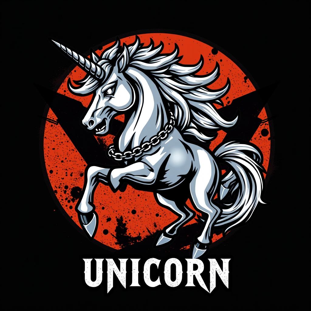A bold and striking logo design featuring a heavy metal unicorn