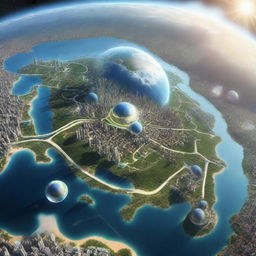 Earth as seen from space in the year 2060, teeming with advanced technologies like floating cities, hyperloops, and clean energy farms.