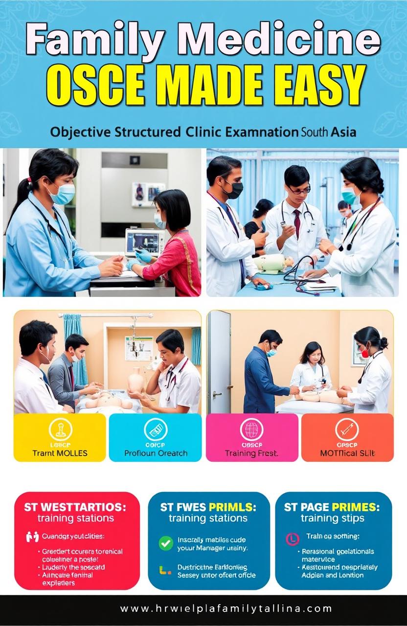 An educational poster for a medical training program titled 'Family Medicine OSCE Made Easy for MCPS & MRCGP International (South Asia)'