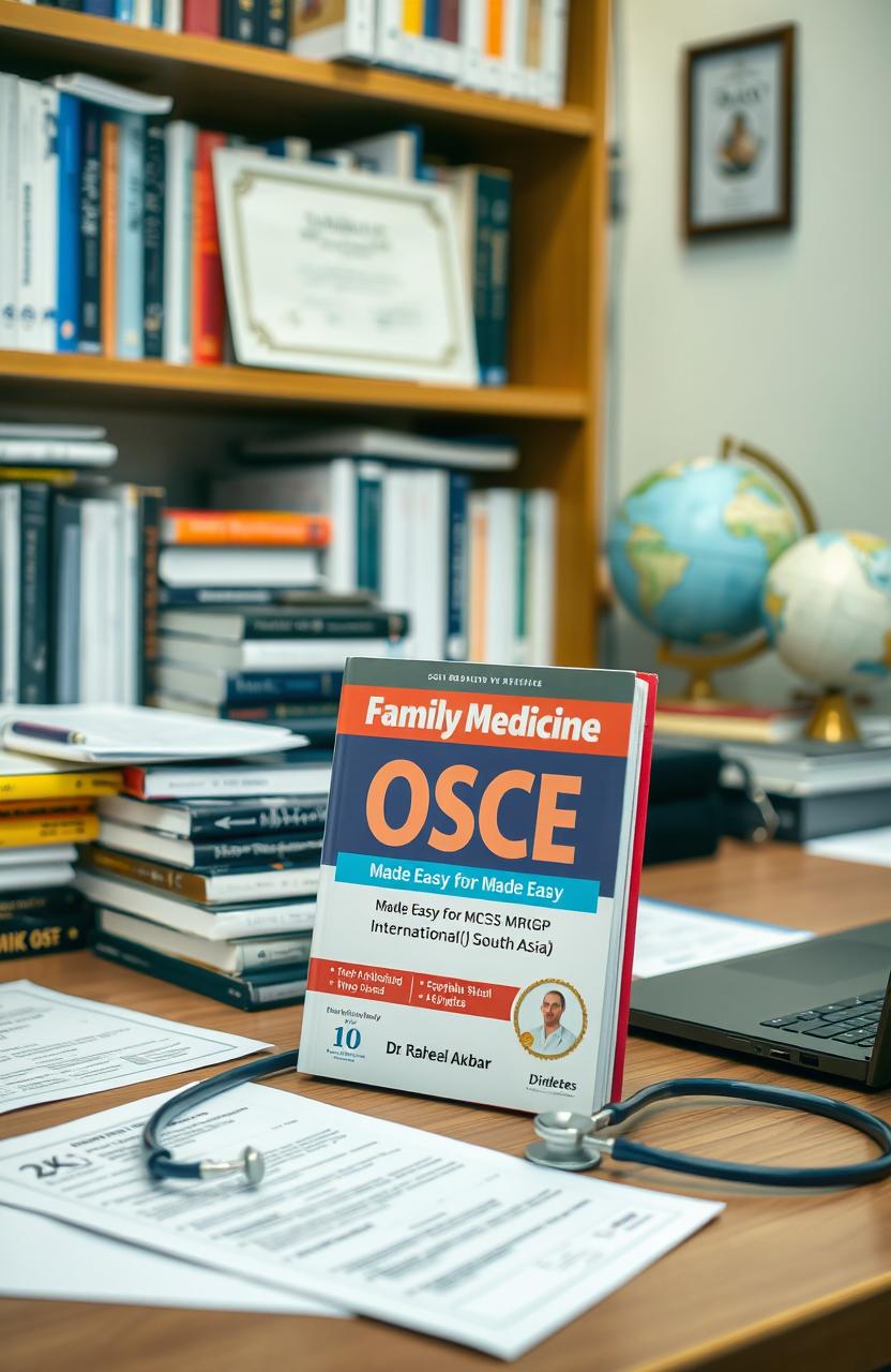 A well-organized educational space featuring a collection of medical books for Family Medicine OSCE preparation, particularly highlighting ‘Family Medicine OSCE Made Easy For MCPS & MRCGP International (South Asia)' by Dr