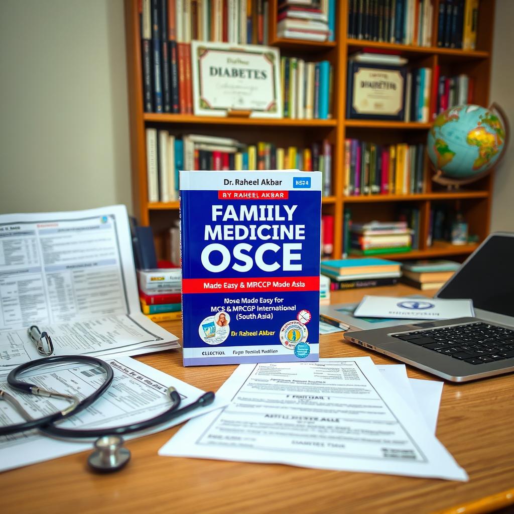 A well-organized educational space featuring a collection of medical books for Family Medicine OSCE preparation, particularly highlighting ‘Family Medicine OSCE Made Easy For MCPS & MRCGP International (South Asia)' by Dr