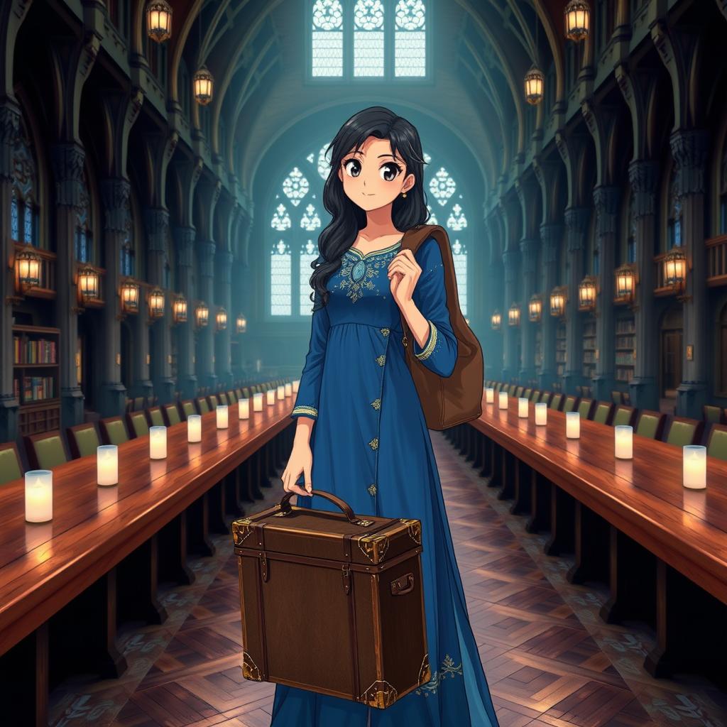 A 15-year-old Indian anime girl standing in the Great Hall of Hogwarts, dressed in a beautiful blue anarkali suit