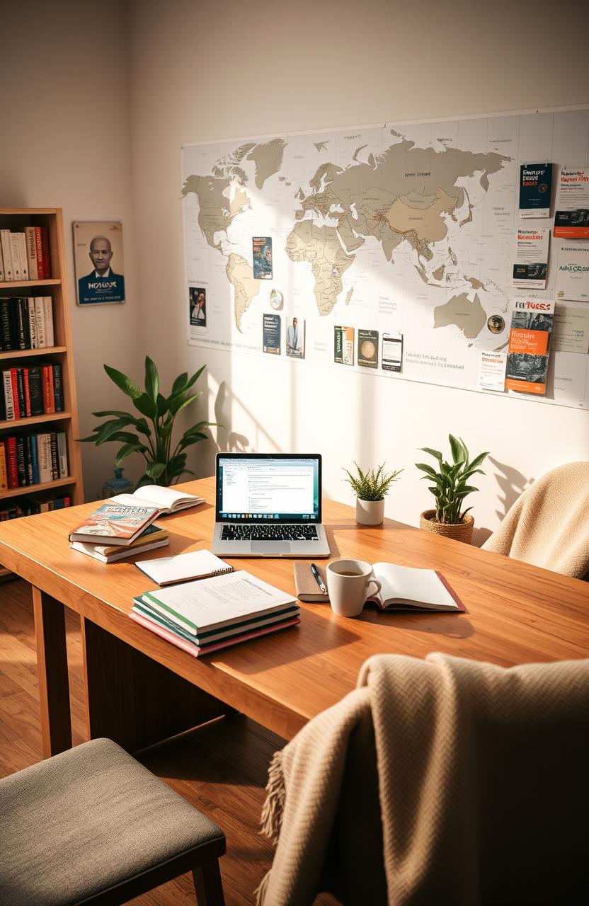An ideal study environment for Family Medicine TOACS preparation, featuring a large wooden table filled with textbooks, notepads, and a laptop open to a Family Medicine course