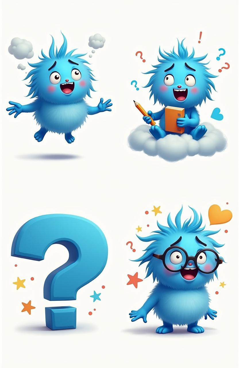 The charming blue cartoon character Wally Worry in four different poses, showcasing his expressive and quirky personality
