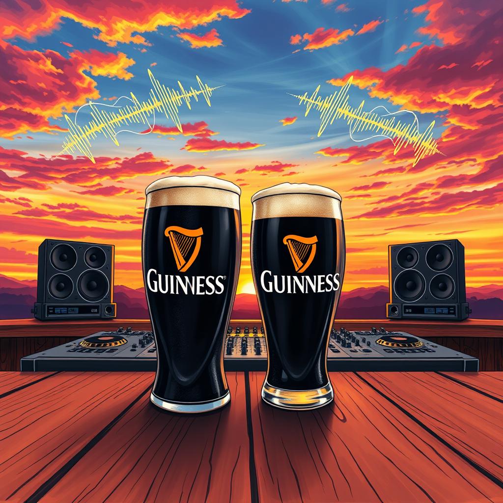 A detailed drawing of two pints of Guinness beer on a wooden table against a stunning sunset backdrop