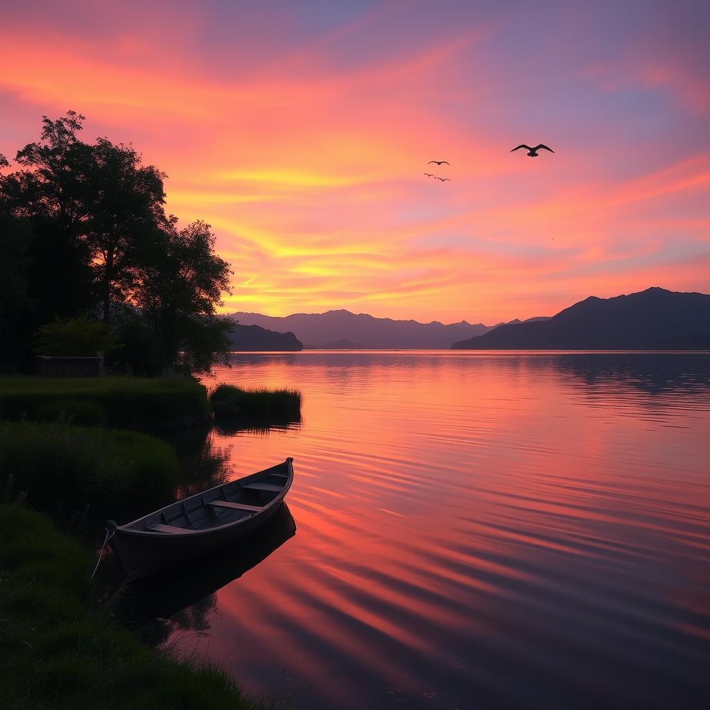 A serene sunset over a tranquil lake, with a silhouette of mountains in the background