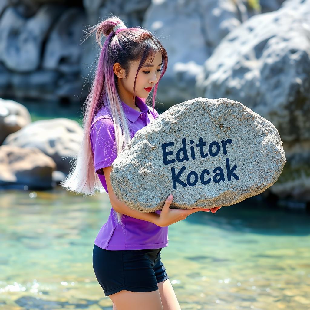 A beautiful Korean woman with long, straight hair colored pink, white, purple, and black, tied up high