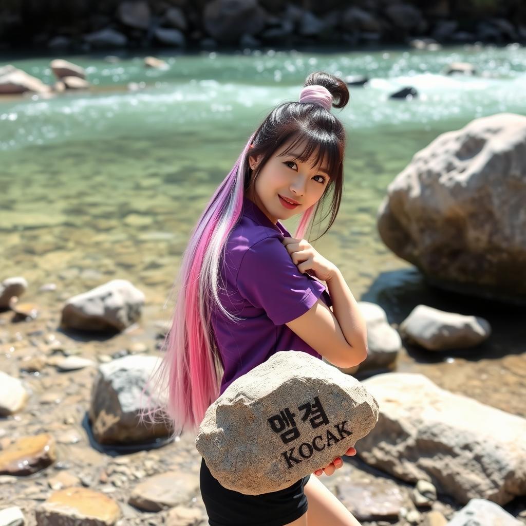 A beautiful Korean woman with long, straight hair dyed in shades of pink, white, purple, and black, tied up high