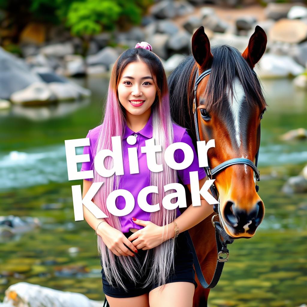 A beautiful Korean woman with long straight hair colored in shades of pink, white, purple, and black tied up high