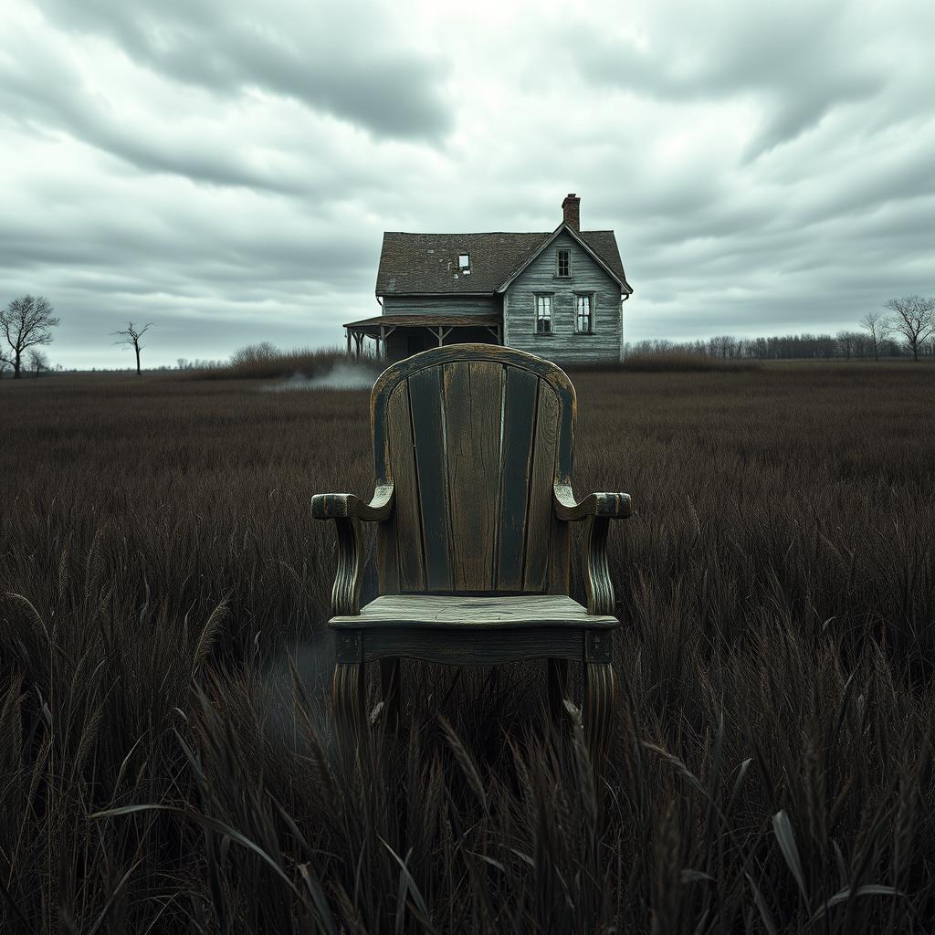 A spooky, antiquated chair sitting ominously in the middle of a vast, eerie field, surrounded by tall, dark grasses that sway gently in the wind