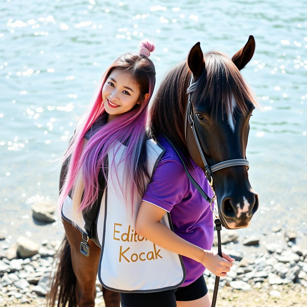 A beautiful Korean woman with long, straight hair colored in a gradient of pink, white, purple, and black tied up high