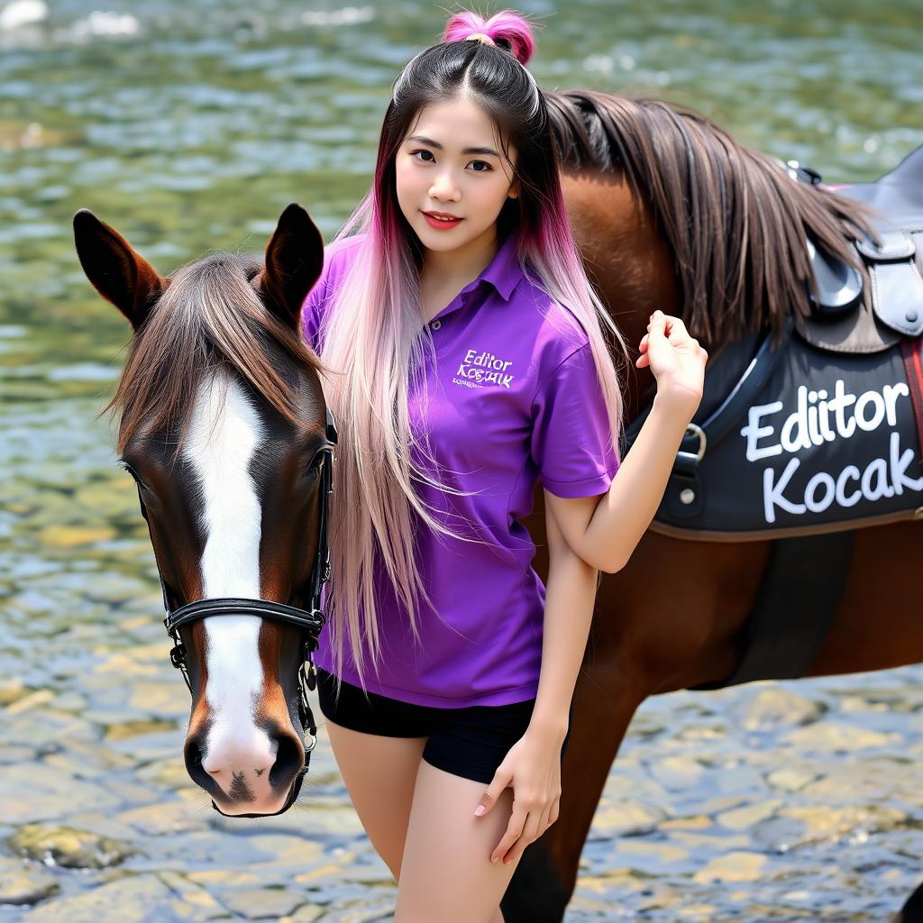 A beautiful Korean woman with long, straight hair that is a gradient of pink, white, purple, and black, tied high