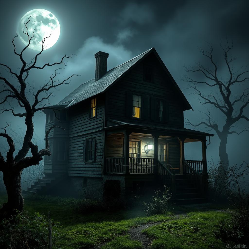 A spooky farmhouse at night, surrounded by a misty landscape with gnarled trees and an overgrown garden
