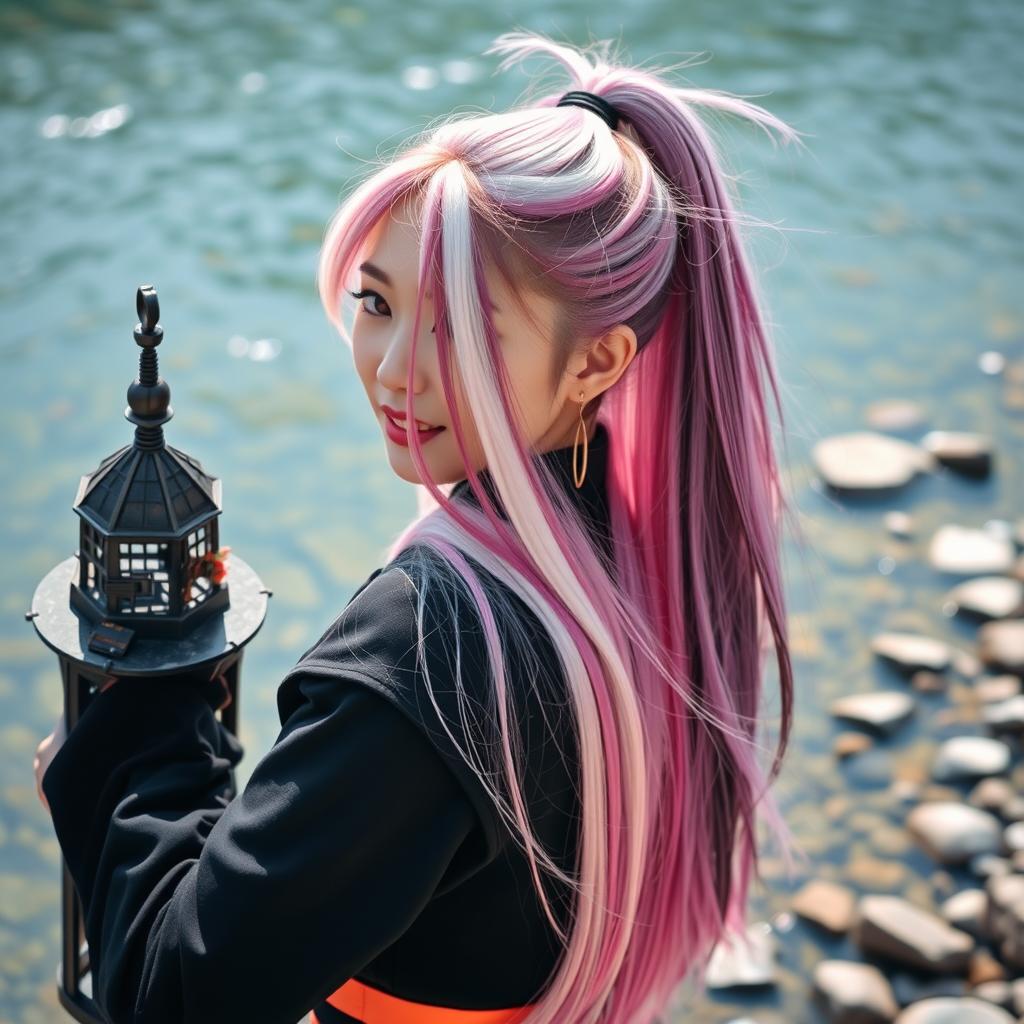 A beautiful Korean woman with long, straight hair colored in shades of pink, white, purple, and black, styled in a high ponytail, facing towards the camera while carrying a tower