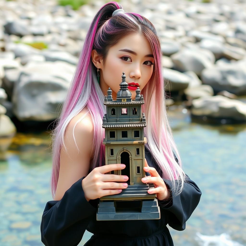 A beautiful Korean woman with long straight hair dyed in shades of pink, white, purple, and black, styled in a high ponytail