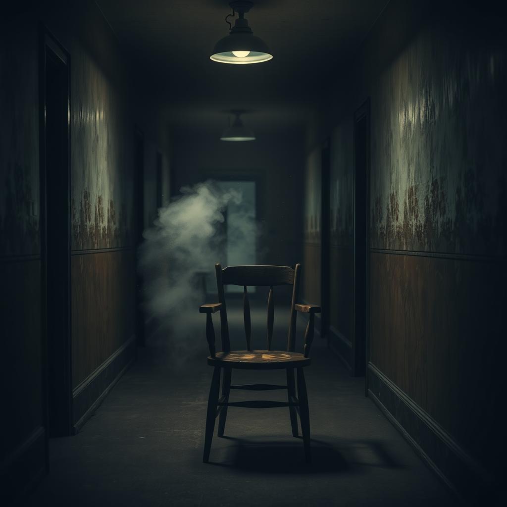 An empty, old wooden chair positioned in a dimly lit, eerie hallway
