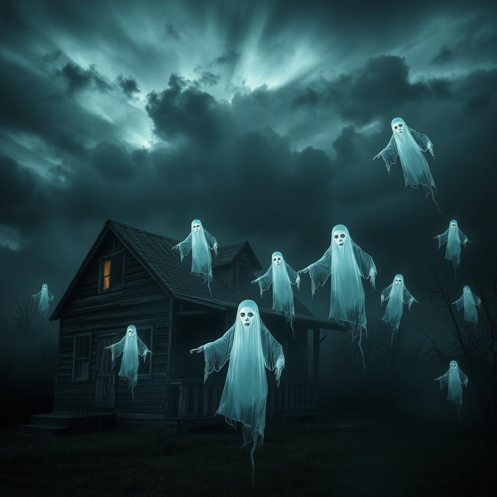 A spooky scene featuring an old farmhouse surrounded by eerie, translucent ghostly figures floating in the air