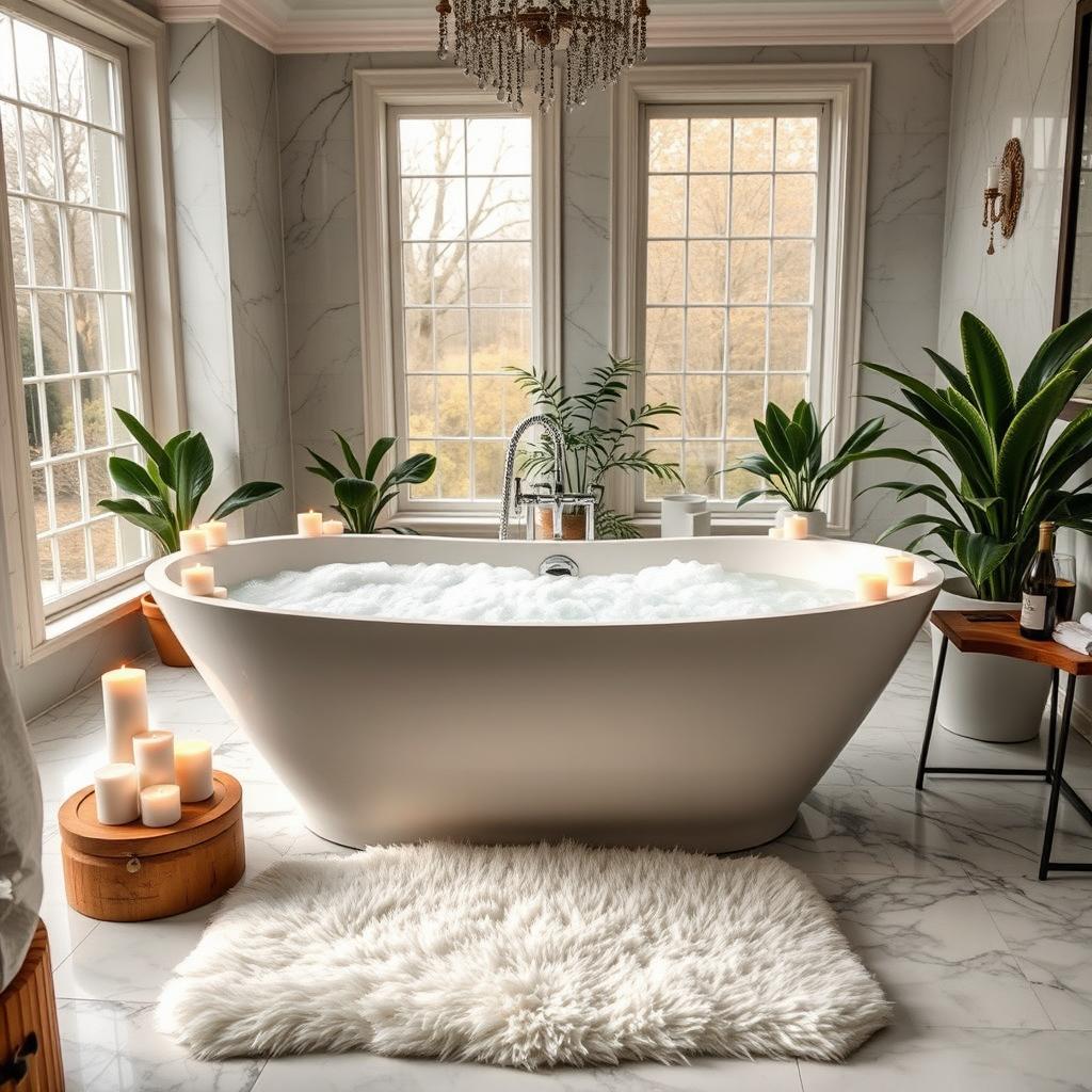 A luxurious bathroom scene featuring a large, freestanding bathtub filled with bubbles, adorned with candles around it