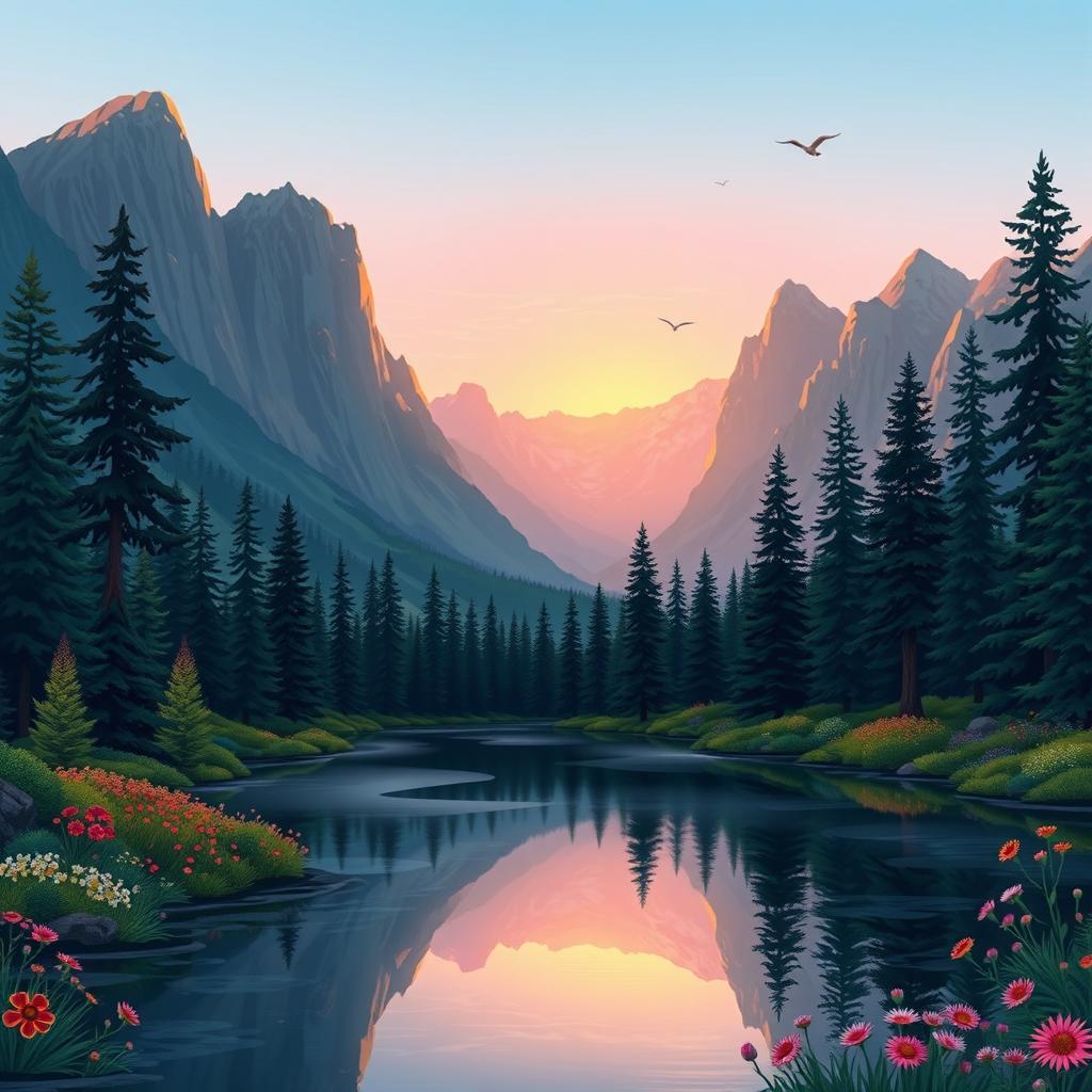An artistic illustration of a serene mountain landscape during dawn, showcasing towering peaks bathed in soft pastel colors of the sunrise