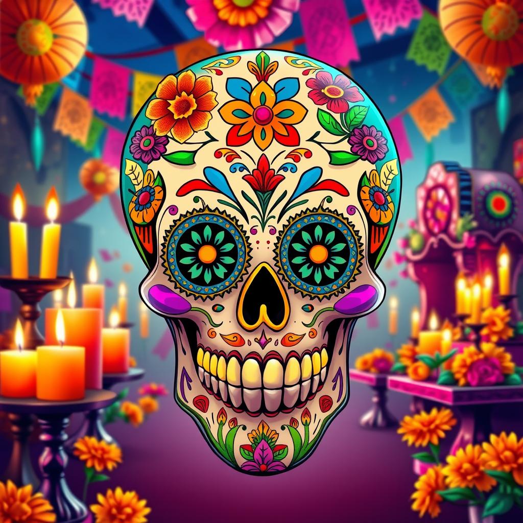 A highly detailed and vibrant representation of a Calavera, a traditional Mexican sugar skull, adorned with intricate designs and bright colors