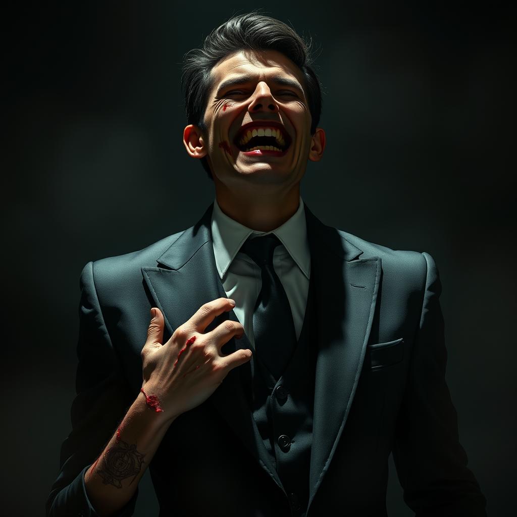 A striking and dramatic depiction of a person without arms, dressed in a Travi's suit, characterized by a sleek and stylish look