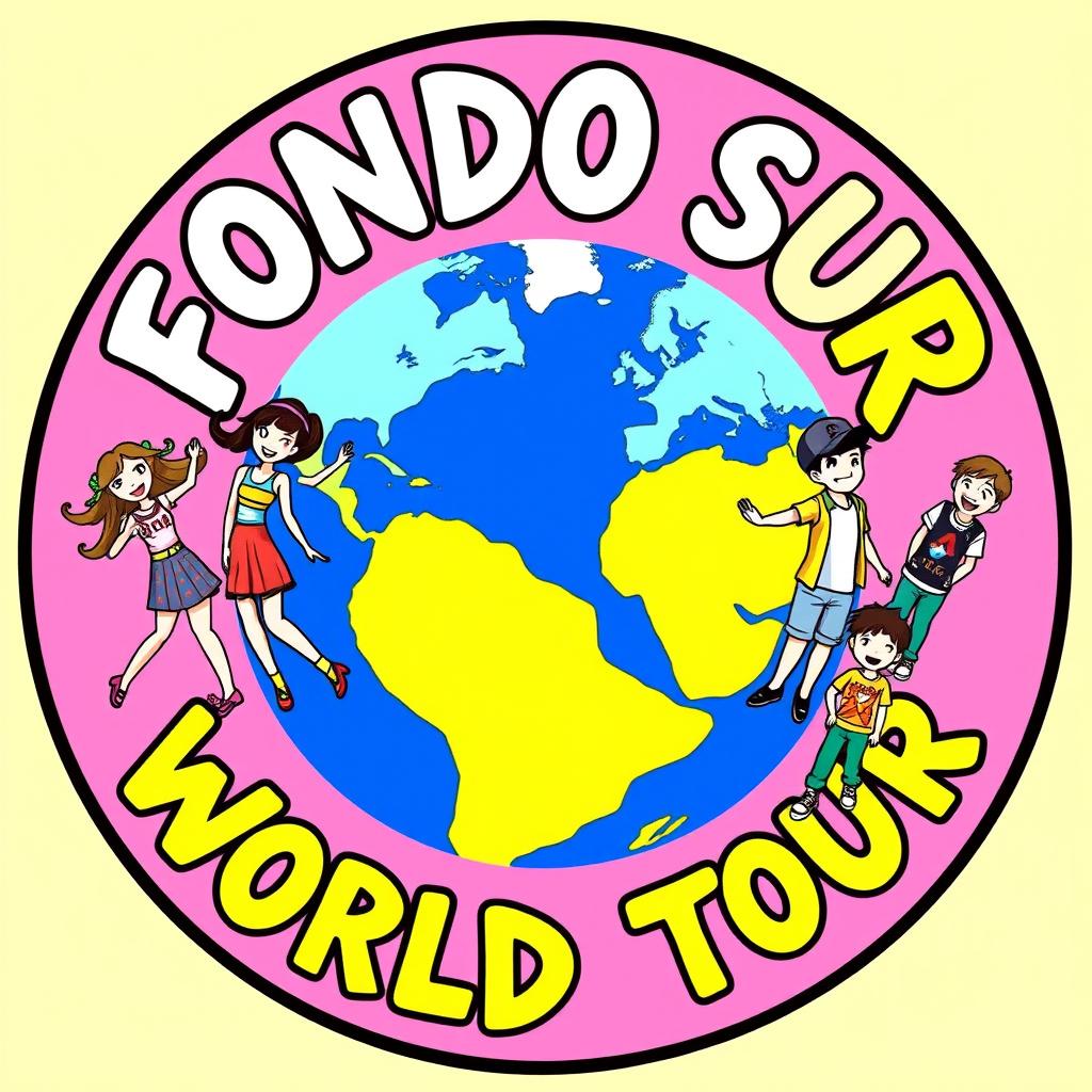 A circular logo design depicting a stylized representation of the Earth, featuring six girls and four boys in various vibrant poses around the globe