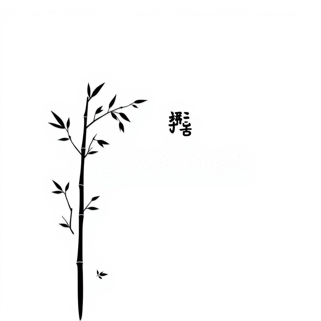A minimalistic 2D black and white illustration depicting a serene summer scene in a Japanese style