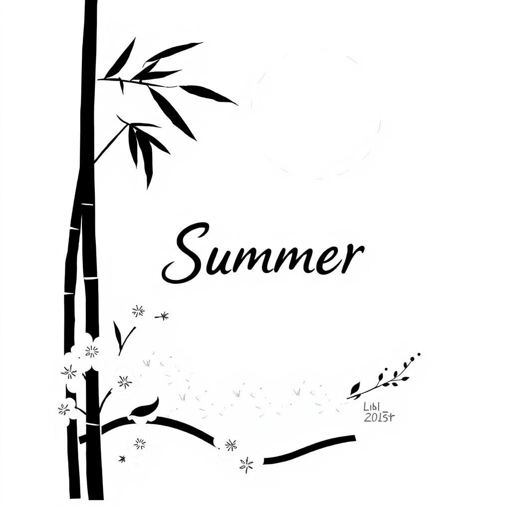 A minimalistic 2D black and white illustration themed around summer in Japanese style
