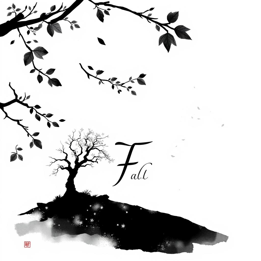 A minimalistic 2D black and white illustration themed around the fall season, featuring traditional Japanese elements such as falling leaves, a simple depiction of a maple tree, and a serene landscape