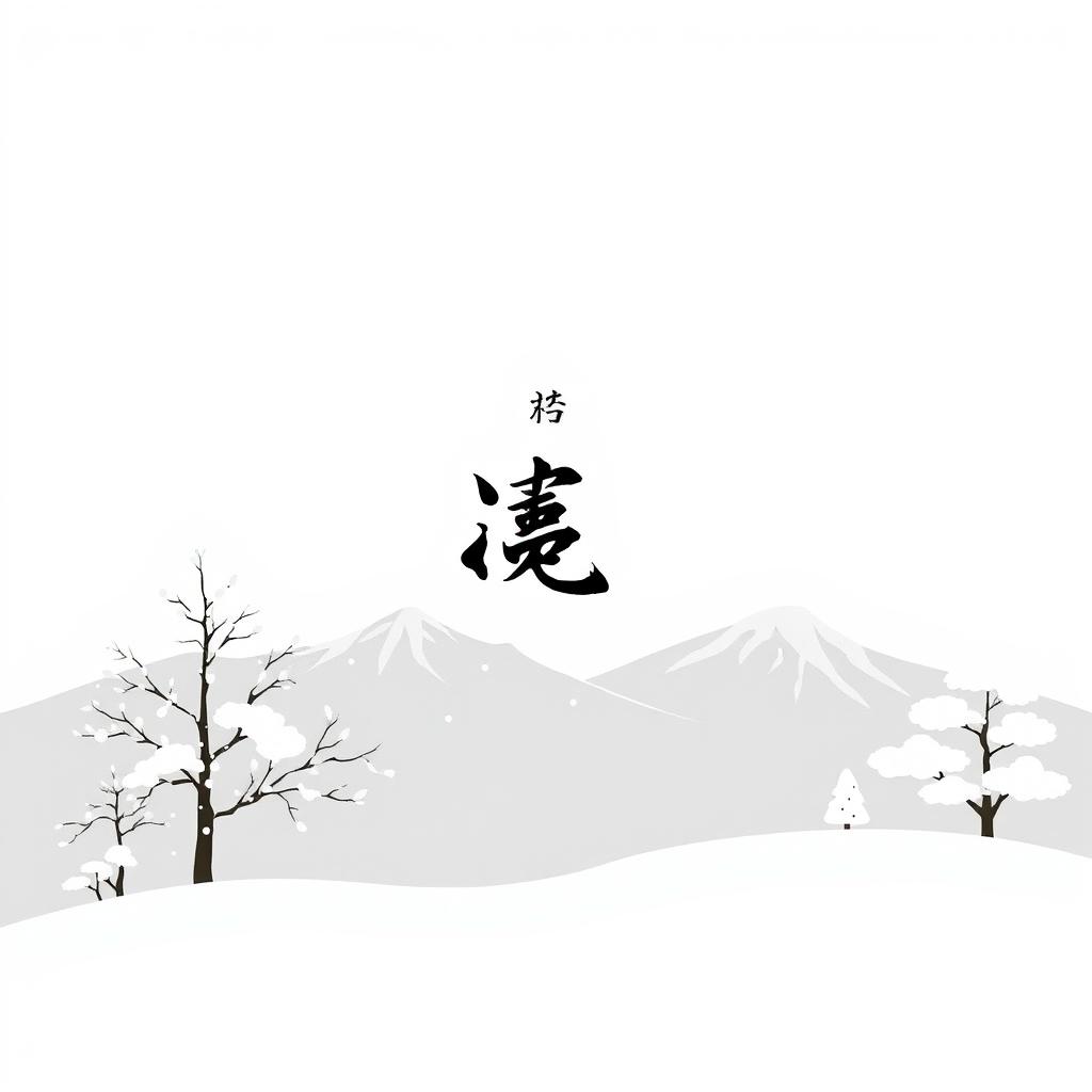 A minimalistic 2D black and white illustration depicting a serene winter scene in Japanese style