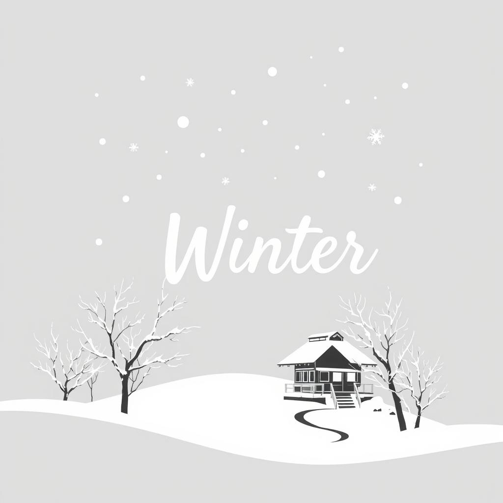 A minimalistic 2D black and white illustration capturing the essence of the winter season in a Japanese style