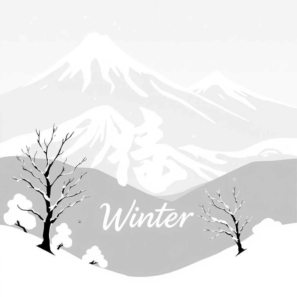 A minimalistic 2D black and white illustration representing the winter season in a traditional Japanese style