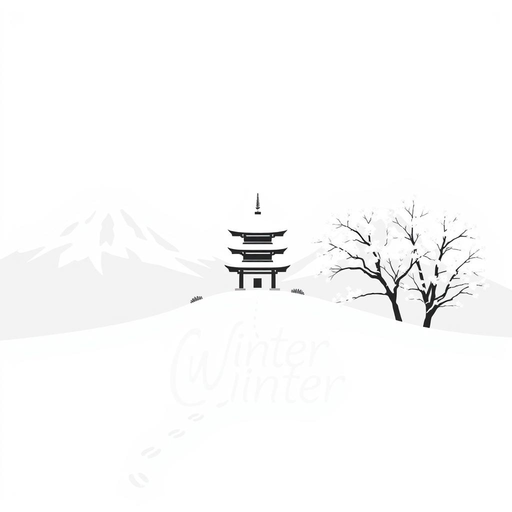 A minimalistic 2D black and white illustration representing the winter season in a Japanese style